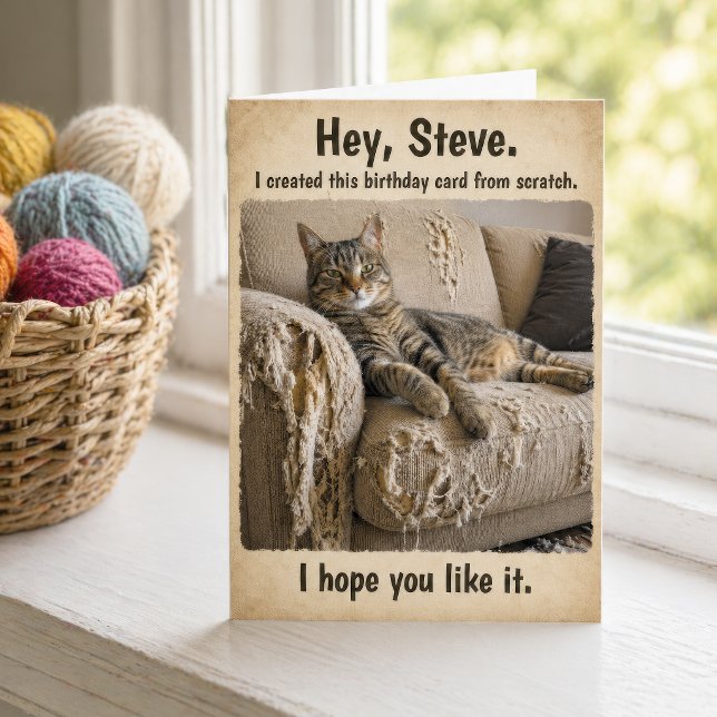 Funny From Scratch Tabby Cat Shreds Couch Birthday Card (Creator Uploaded)