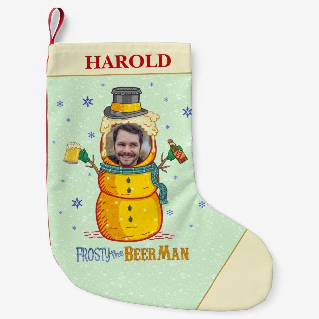 Funny Frosty Beer Man Snowman Humour Custom Photo Small Christmas Stocking (Front)