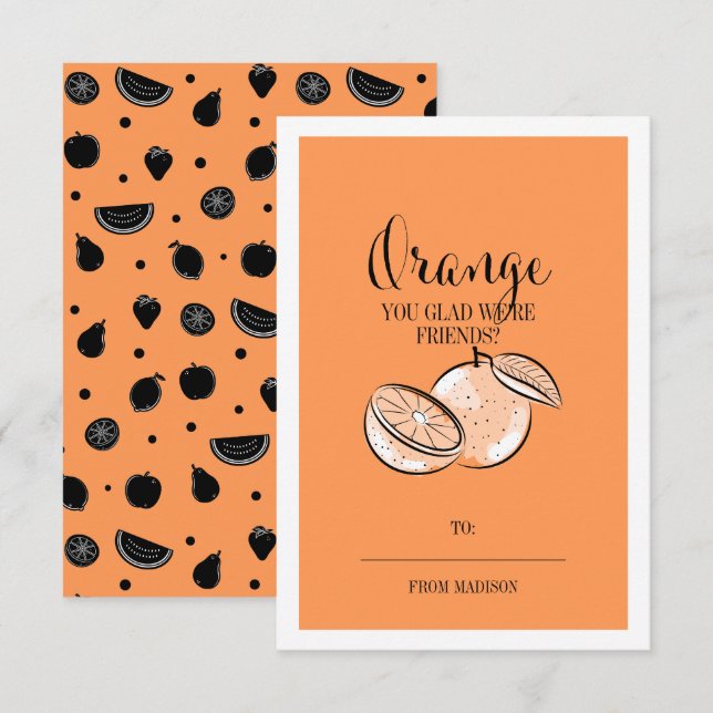 Funny Fruit Pun Orange Classroom Valentine Card (Front/Back)