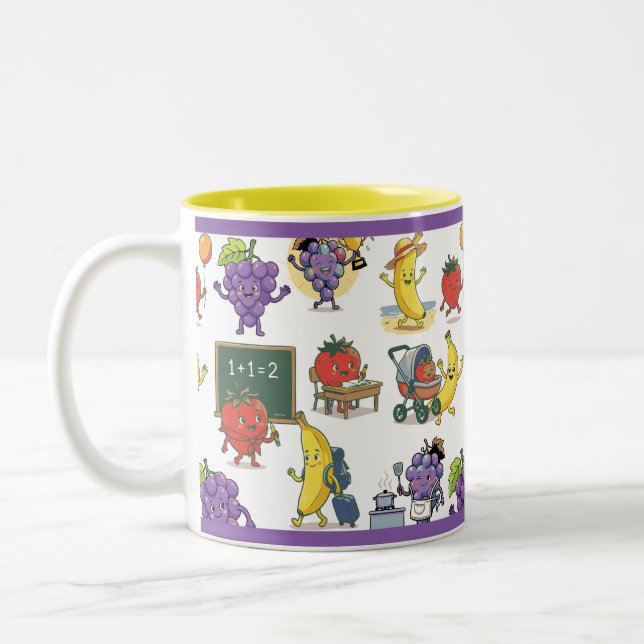 Funny Fruit School Life Seamless Cartoon Pattern Two-Tone Coffee Mug (Left)