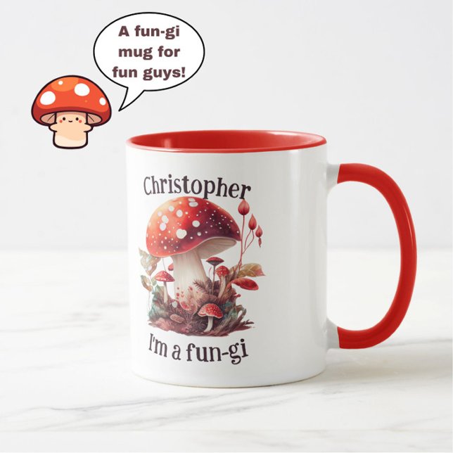 Funny "Fun-gi" Orange/Red Mushroom Joke Cute Name Mug (A fun mushroom mug for the fun-gi in your life!)