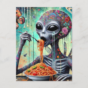 Funny Funky Alien Eating Spaghetti Collage Postcard