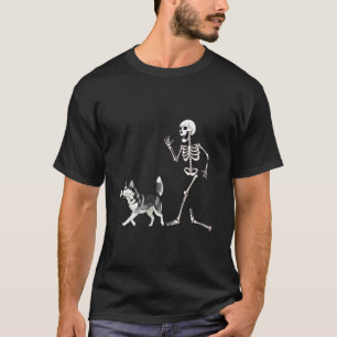 Funny Funny Halloween Siberian Husky and Skeleton T-Shirt