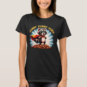 Funny Furry Fury Raccoon Hero on Acorn Pile T-Shirt