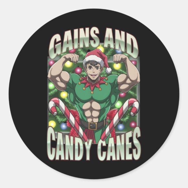 Funny Gains And Candy Canes Christmas Elf Gym Work Classic Round Sticker (Front)