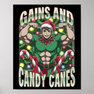 Funny Gains And Candy Canes Christmas Elf Gym Work Poster