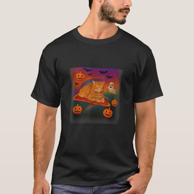 Funny Galaxy Cat in Space Cat Riding Pizza Hallowe T-Shirt (Front)