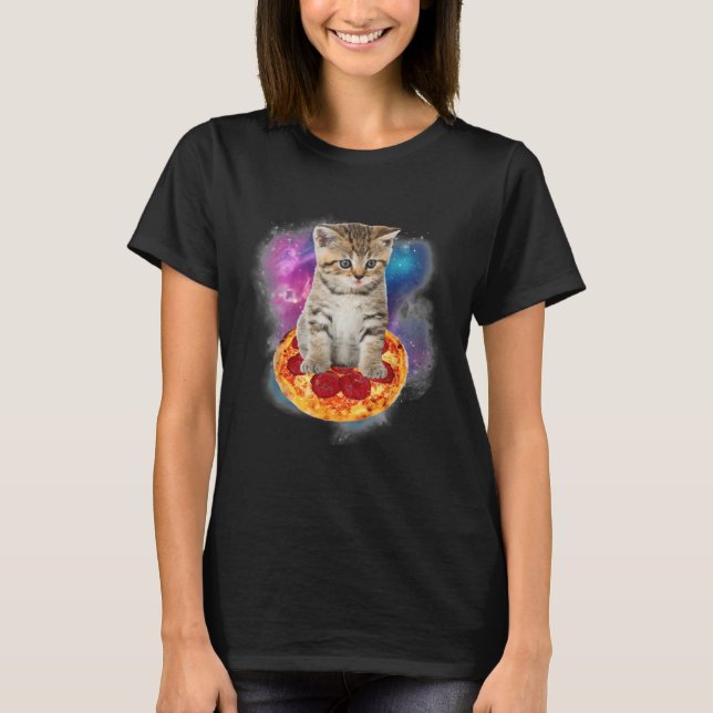 Funny Galaxy Cat Space Cat Eat Pizza and Taco T-Shirt (Front)