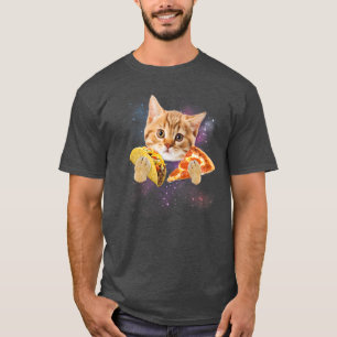Funny Galay Cat   Space Cat Eat Pizza and Taco  T-Shirt