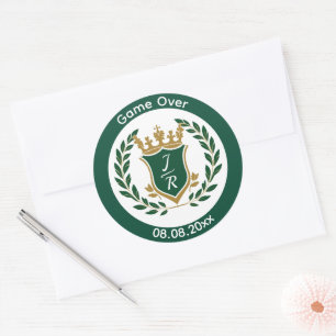 Funny "Game Over" Wedding Monogram Crest Classic Round Sticker