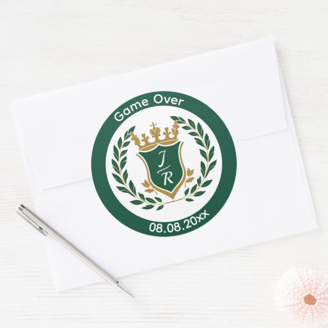 Funny "Game Over" Wedding Monogram Crest Classic Round Sticker (Envelope)