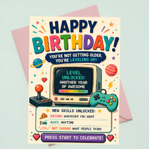 Funny Gamer Birthday Card Retro Arcade Level Up