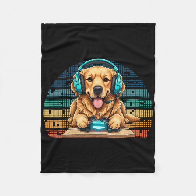 Funny Gamer Dog With Headset And Controller Golden Fleece Blanket (Front)