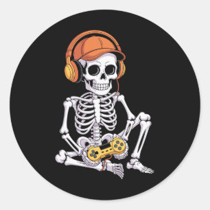 Funny Gamer Halloween Skeleton Video Games Gaming  Classic Round Sticker