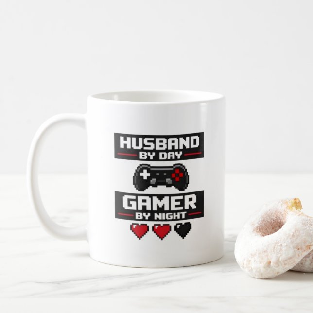 Funny Gamer Husband Mug Pixel Art Retro Design - (With Donut)