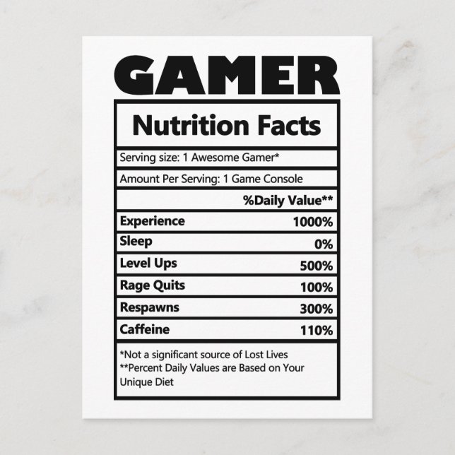 Funny Gamer Nutrition Facts Carte postale (Devant)