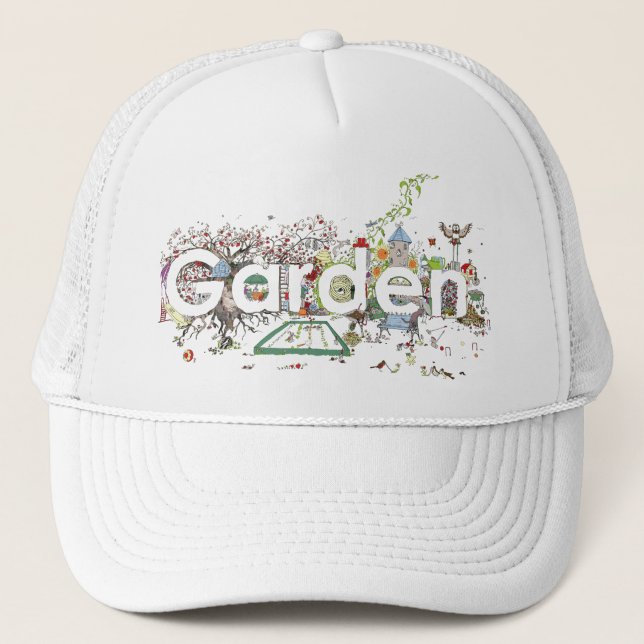 Funny Garden Lovers Colourful Word Art Cartoon Trucker Hat (Front)