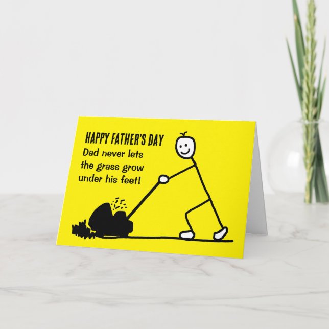 Funny Gardener Mowing Cartoon Father's Day Card (Front)