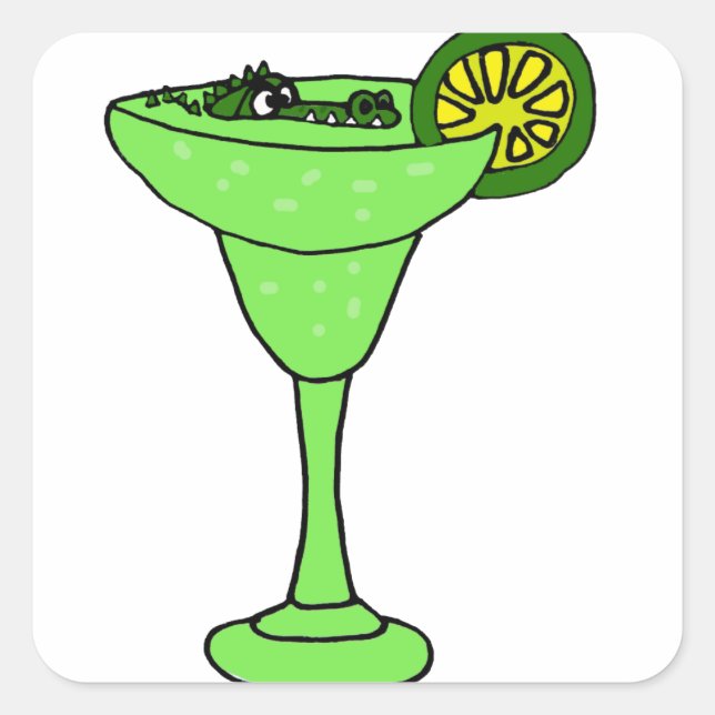 Funny Gator Swimming in Margarita Glass Square Sticker (Front)