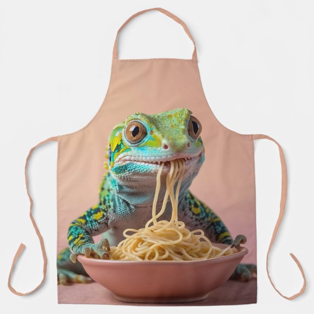 Funny Gecko Eating Spaghetti  Apron (Front)