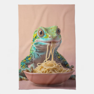Funny Gecko Eating Spaghetti Kitchen Towel