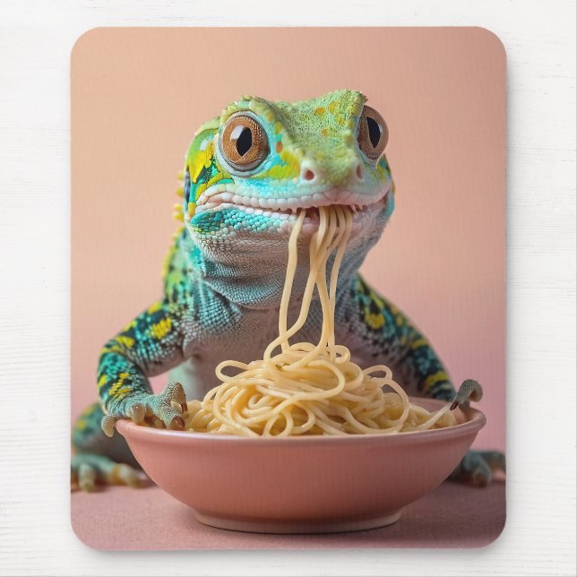 Funny Gecko Eating Spaghetti  Mouse Pad (Front)