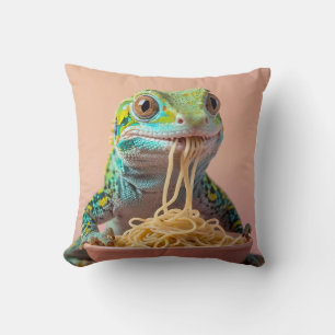 Funny Gecko Eating Spaghetti Throw Pillow