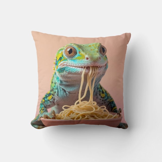 Funny Gecko Eating Spaghetti  Throw Pillow (Front)
