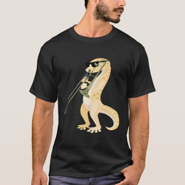 Funny Gecko Wearing Sungles Playing Trombone Lizar T-Shirt (Front)