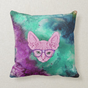 Funny Geeky Cat on Watercolor Backgroun Throw Pillow