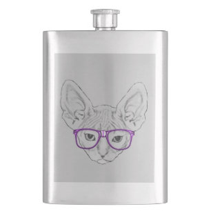 Funny Geeky Nerdy Sphynx with Taped Glasses Hip Flask