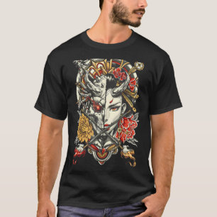 Funny Geisha And Demon Japanese Flowers Cherry Blo T-Shirt