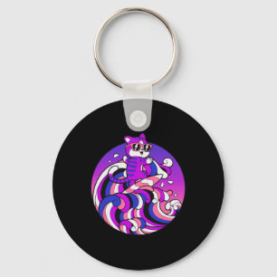 Funny Genderfluid Shirt Surfing Cat Gender Fluid P Keychain