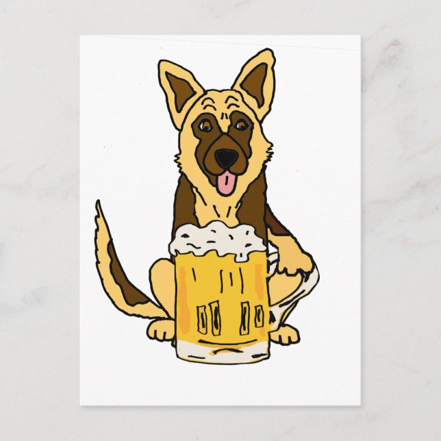 Funny German Shepherd Dog Drinking Beer Art Postcard (Front)