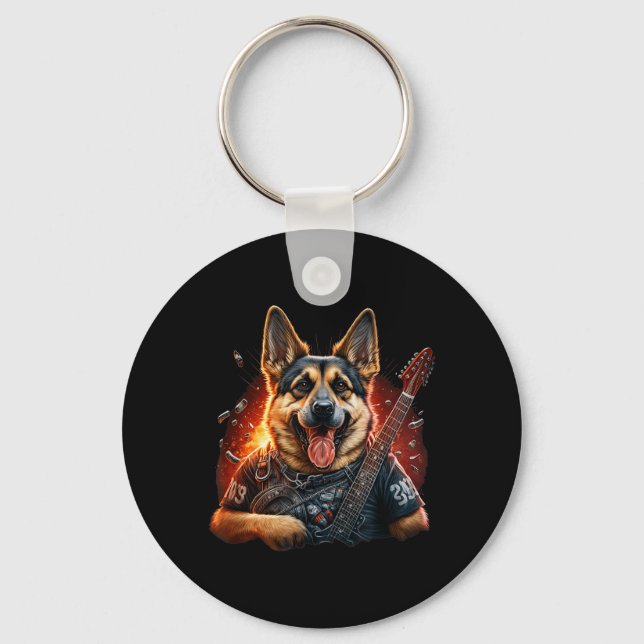 Funny German shepherd Dog Rock And Roll Guitar Keychain (Front)