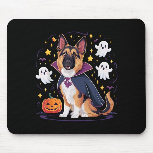 Funny German Shepherd Pup Halloween Ghosts Dracula Mouse Pad (Front)