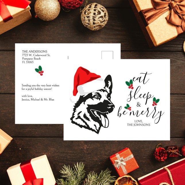 Funny German Shepherd Santa Hat Script Christmas Holiday Postcard (funny german shepherd dog gds love gsd owners santas hat eat sleep be merry holly christmas holidays)