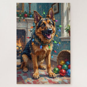 Funny German Shepherd Tangled in Christmas Lights Jigsaw Puzzle