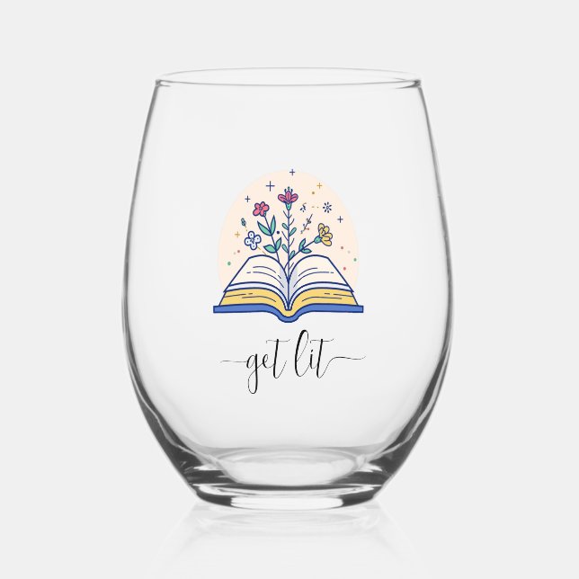 Funny Get Lit Book Lovers  Stemless Wine Glass (Front)