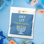 Funny "Get Lit" Chic Personalized Menorah Hanukkah Favour Bag<br><div class="desc">Add a festive flair to your Hanukkah celebration with these fun "Get Lit" favour bags! Featuring a bold blue menorah illustration, a playful message, and customizable family name text, these bags are perfect for handing out holiday treats, gifts, or party favours. The vibrant design and humourous phrase bring personality and...</div>