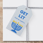 Funny "Get Lit" Chic Personalized Menorah Hanukkah Gift Tags<br><div class="desc">Add a dash of humour to your Hanukkah gifts with this fun and festive "Get Lit" gift tag! Featuring a bold blue menorah illustration and customizable family name text, this tag is the perfect way to bring personality to your holiday presents. The modern design, complete with a playful phrase and...</div>