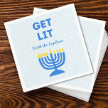 Funny "Get Lit" Chic Personalized Menorah Hanukkah Napkin<br><div class="desc">Add a festive spark to your Hanukkah celebration with these fun "Get Lit" napkins! Featuring a bold blue menorah illustration and customizable family name text, these napkins bring humour and personality to your holiday gatherings. The playful phrase and vibrant colours make them a memorable addition to your Hanukkah table, perfect...</div>