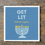 Funny "Get Lit" Chic Personalized Menorah Hanukkah Napkin<br><div class="desc">Add a festive spark to your Hanukkah celebration with these fun "Get Lit" napkins! Featuring a bold blue menorah illustration and customizable family name text, these napkins bring humour and personality to your holiday gatherings. The playful phrase and vibrant colours make them a memorable addition to your Hanukkah table, perfect...</div>
