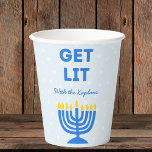 Funny "Get Lit" Chic Personalized Menorah Hanukkah Paper Cups<br><div class="desc">Celebrate Hanukkah in style with these fun and festive "Get Lit" cups! Featuring a bold blue menorah illustration and customizable family name text, these cups are perfect for adding a touch of humour to your holiday gatherings. The playful design, complete with bright colours and a cheerful message, makes these cups...</div>