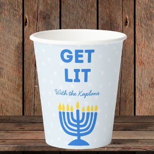 Funny "Get Lit" Chic Personalized Menorah Hanukkah Paper Cups