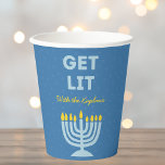 Funny "Get Lit" Chic Personalized Menorah Hanukkah Paper Cups<br><div class="desc">Celebrate Hanukkah in style with these fun and festive "Get Lit" cups! Featuring a bold blue menorah illustration and customizable family name text, these cups are perfect for adding a touch of humour to your holiday gatherings. The playful design, complete with bright colours and a cheerful message, makes these cups...</div>