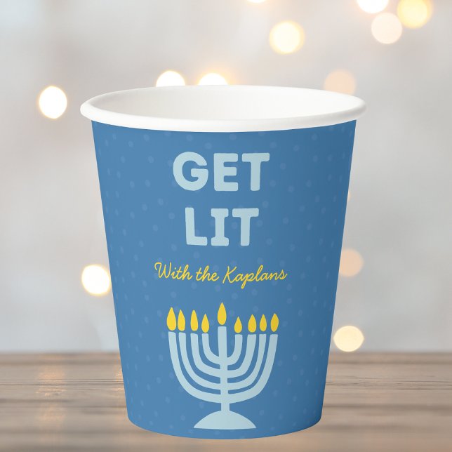 Funny "Get Lit" Chic Personalized Menorah Hanukkah Paper Cups (Creator Uploaded)