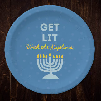 Funny "Get Lit" Chic Personalized Menorah Hanukkah Paper Plate