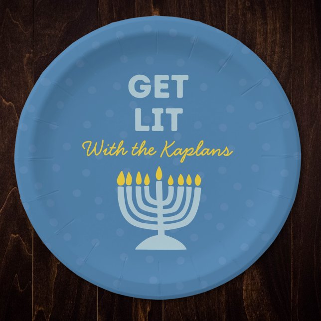 Funny "Get Lit" Chic Personalized Menorah Hanukkah Paper Plate (Creator Uploaded)