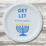 Funny "Get Lit" Chic Personalized Menorah Hanukkah Paper Plate<br><div class="desc">Add a festive spark to your Hanukkah celebration with these fun "Get Lit" napkins! Featuring a bold blue menorah illustration and customizable family name text, these napkins bring humour and personality to your holiday gatherings. The playful phrase and vibrant colours make them a memorable addition to your Hanukkah table, perfect...</div>